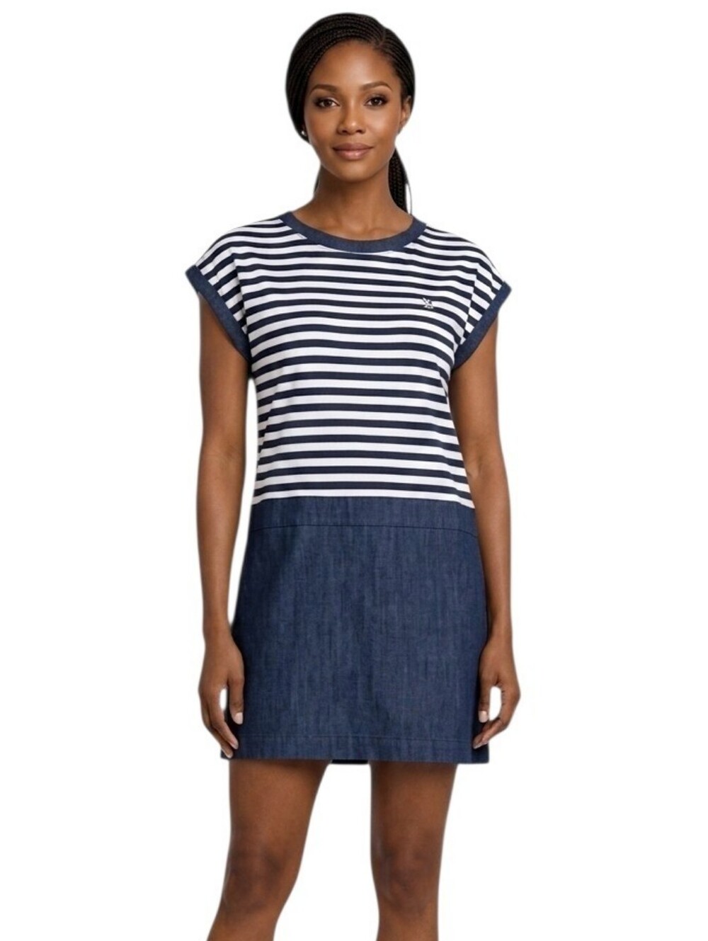 Nautica Jeans Navy Blue & White Colorblocked Striped Dress Size M